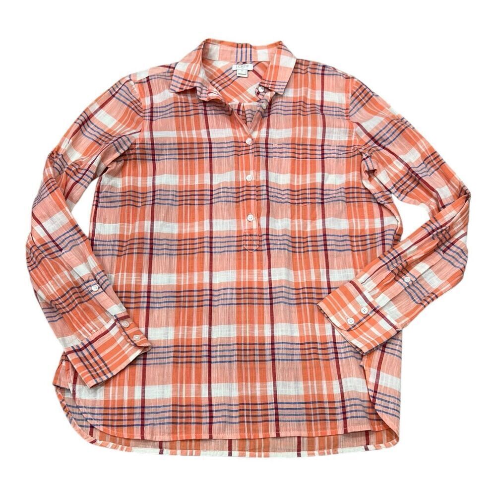 J. Crew Orange Plaid Cotton Oversized Relaxed Blouse XS